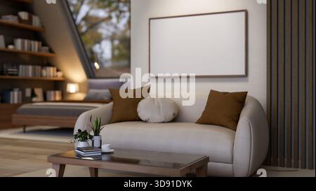 Blank frames hanging on a white wall over a leather sofa and glass top table on wooden floor in an attic bedroom. 3D rendering, 3D Illustration. Stock Photo