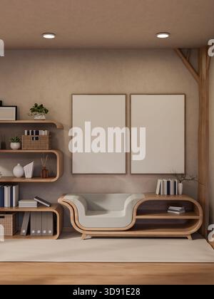 White frames on wall over a multi function table armchair next to bookshelf in s cosy living room. Creative furniture, 3D rendering, 3D Illustration. Stock Photo