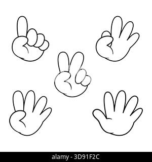 Cartoon Hand Signs Counting from One to Five Vector. Perfect for teaching counting, numbers or hand gestures in a fun and visually clear way. Stock Vector