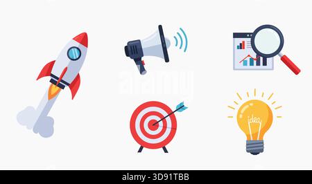 A clear and modern set of flat design vector icons representing startup concepts, marketing strategy, and business innovation. Stock Vector