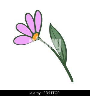Flat icon depicting a light purple flower with a green stem and leaves. Flat plant illustration. Stock Vector