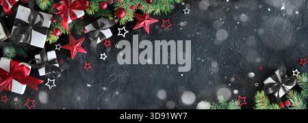 Black Friday - Gift Boxes With Ribbon and Spruce Fir Tree - Promo Sale - Advertising Concept Stock Photo