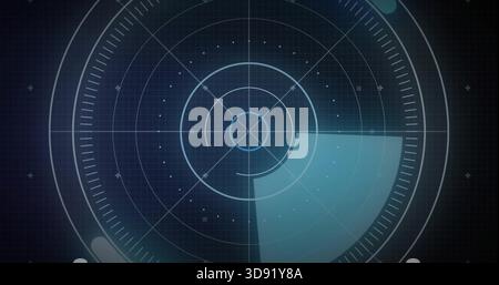 Displaying radar circle showing rings, crosshair, ticks on cockpit display, lower-right sweep blips Stock Photo