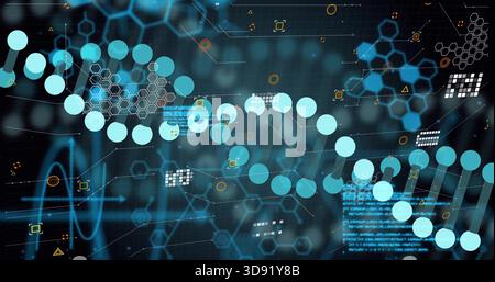 Displaying turquoise-node DNA-helix winding across virtual dashboard, with hex-lattice and code Stock Photo