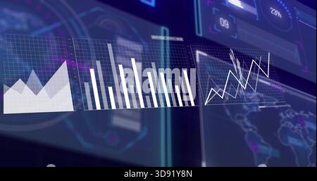 Displaying translucent dashboard panels across virtual command center, with area, bar, line charts Stock Photo