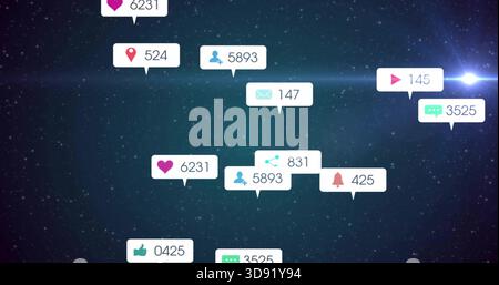 Floating cluster of speech-bubble labels drifting over starfield backdrop, showing colored icons Stock Photo
