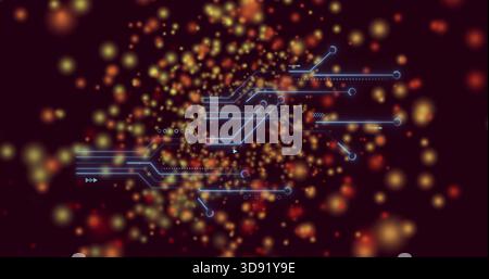 Displaying neon-blue circuit lines centered in digital space, with nodes, arrowheads, warm bokeh Stock Photo