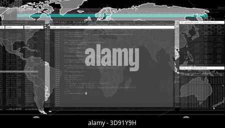 Displaying central terminal running code and file tree on network dashboard, showing world map Stock Photo