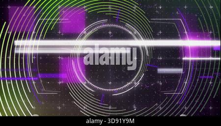 Displaying central HUD scanning on dark virtual backdrop with white beams magenta blocks lime arcs Stock Photo