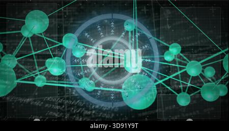 Displaying network cluster converging on holographic hub, with teal spheres and glowing lines Stock Photo