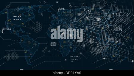 Displaying stylized digital world map on dark virtual grid with circuit traces, connector nodes Stock Photo