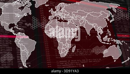 Displaying world map highlighting northern South America on dashboard, showing code and hex nodes Stock Photo