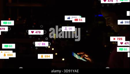 Scrolling female on right in dark-jacket on rooftop at night with phone and alerts, copy space Stock Photo