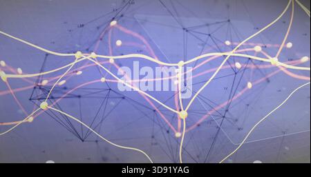 Displaying centered abstract network on digital display, showing glowing nodes, ribbons, mesh grid Stock Photo