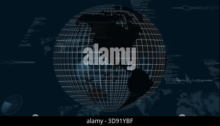 Displaying large wireframe globe rotating over dark dashboard, showing radar code waveform overlays Stock Photo