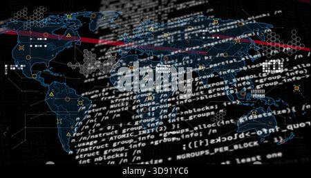 Displaying stylized world map centered in cyber dashboard, overlaying white code text with hexes Stock Photo