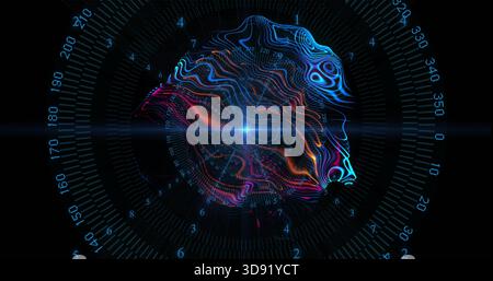 Pulsing neural-network wireframe forming brain shape on HUD, showing central flare, numeric ticks Stock Photo