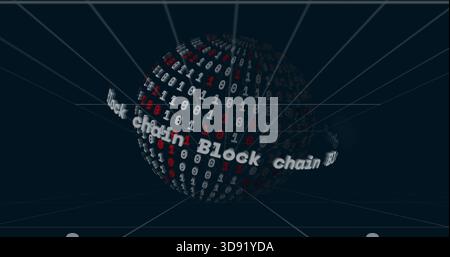 Rotating binary sphere occupying center in data space, orbiting Block chain ring with grid lines Stock Photo