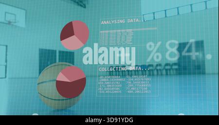 Displaying basketball and floating pie-chart HUD overlays on gymnasium court, with %84 data Stock Photo