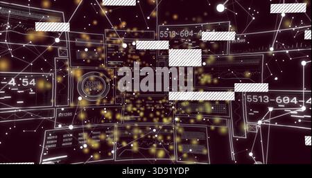 Displaying central translucent UI panels floating in 3D data space, showing gauge and particles Stock Photo