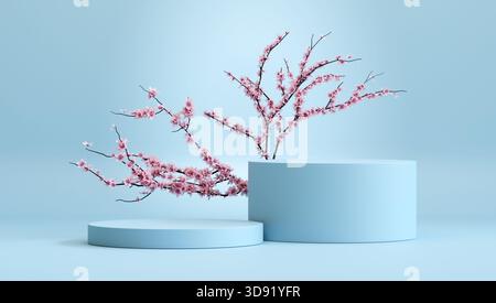 Minimal blue 3D podium display with branches of cherry blossoms in the background for product presentation. Stock Photo