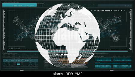 Displaying white stylized globe occupying center, showing network node diagrams and HUD panels Stock Photo