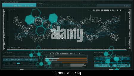 Displaying central network graph pulsing on dark dashboard, with teal hex overlays and info bars Stock Photo