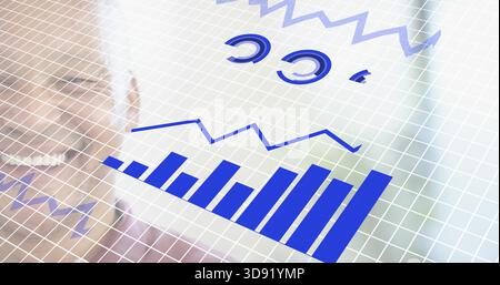 Displaying HUD with grid, blue bar, line charts and circular gauges in office, partial left male Stock Photo