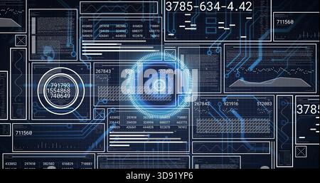 Displaying central glowing HUD with concentric rings on virtual UI showing waveforms and readouts Stock Photo