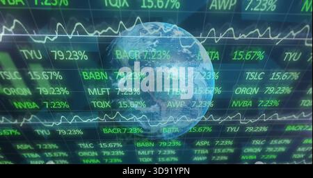 Displaying Earth globe rotating over dark grid display, with tickers, percent values and sparklines Stock Photo