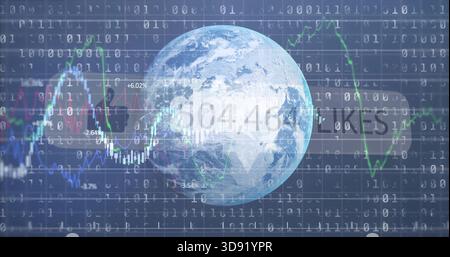 Showing Earth globe rotating in dashboard with binary code line charts percent tags like counter Stock Photo