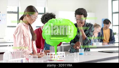 Working students wearing safety goggles, pink jacket doing lab test in school lab with AI brain Stock Photo