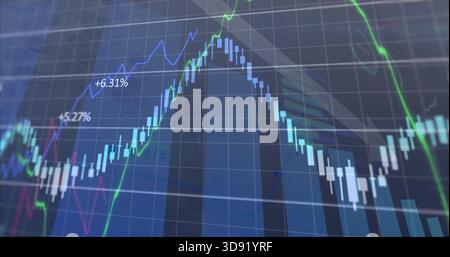Displaying candlestick bars with green blue line graphs and percentage labels on trading monitor Stock Photo
