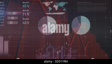 Displaying dashboard on maroon interface, showing descending red area chart and pie charts Stock Photo