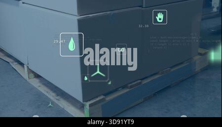 Displaying large cardboard boxes on wooden pallet in warehouse, with AR water 29 Stock Photo