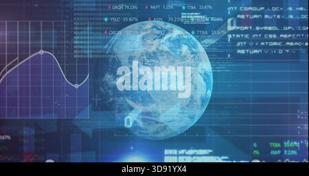 Displaying rendered Earth globe hovering over virtual dashboard, showing line chart, percent labels Stock Photo