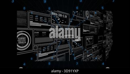 Displaying dense array of digital panels in virtual corridor, showing charts, gauges, connectors Stock Photo