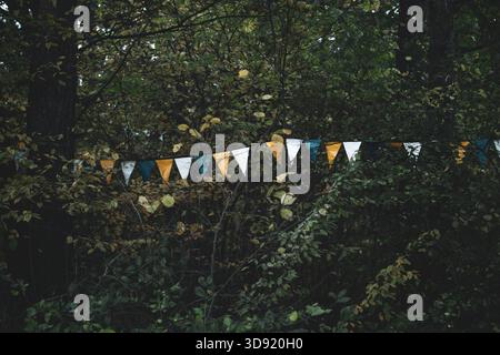 Triangular multicolored flags on trees in a forest park Stock Photo