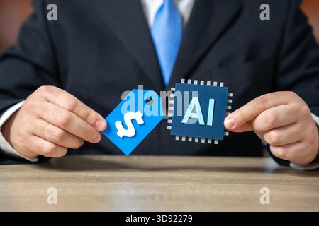 The value of AI technologies. The cost of implementing AI in business. The profitability and return on investment of neural networks. Innovation budge Stock Photo