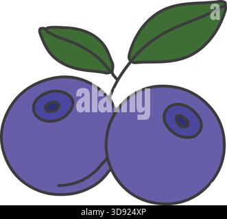 Two plump blueberries with green leaves highlighting a simple berry motif. Stock Vector