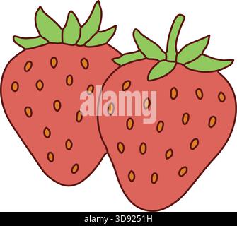 Two bright strawberries with stems and tiny seeds depicted in a friendly style. Stock Vector
