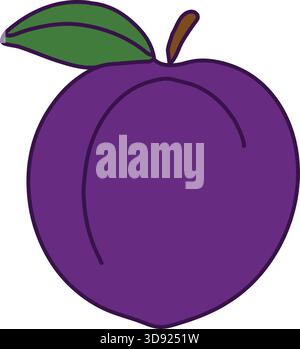A single deep purple plum shown with a stem and leaf emphasizing fresh seasonal fruit. Stock Vector