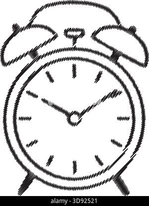 Line art of a vintage alarm clock with twin bells hands and numbers on the face. Stock Vector