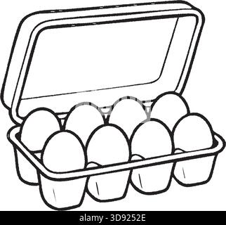 Open paper carton filled with six whole eggs drawn in a simple outline style. Stock Vector