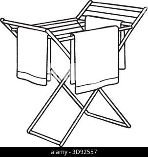 A portable folding clothes rack holding two hanging towels for air drying laundry. Stock Vector