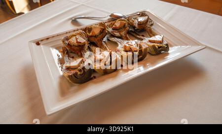 Grilled Artichokes Grilled Artichokes with Foie, Spanish Delicacy, Spanish Gastronomy, Spain, Europe Stock Photo