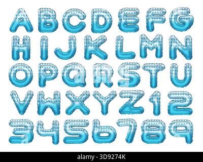 Full set of 3D-rendered alphabet and number foil balloons in blue and silver with star patterns. Vector element for party invitations, birthday banner Stock Vector