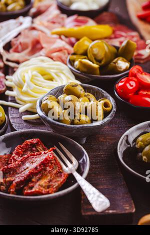 Appertiter platter with assorted meat and cheese, snacks and vegetables Stock Photo