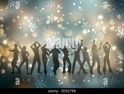 Silhouettes of people dancing on a Christmas snowflake background design Stock Vector