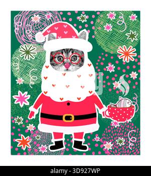 Cute Santa Claus vector kitty collage with cute cat with eyeglasses, beard, Santa hat and coffee, Christmas illustration collage banner or poster Stock Vector